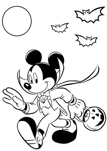 Online coloring book: Mickey Mouse goes to collect candy on Halloween coloring page